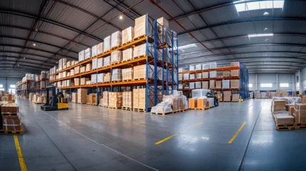 Deurstickers Panorama of huge distribution warehouse with high shelves with forklift at large warehouse © sirisakboakaew