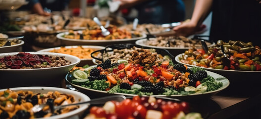 Catering buffet food indoor in restaurant with meat colorful fruits and vegetables. Buffet service for any festive event, party or wedding reception. Generative AI - obrazy, fototapety, plakaty