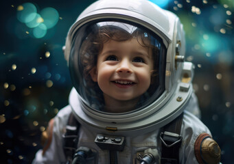 a small child in an astronaut suit smiling