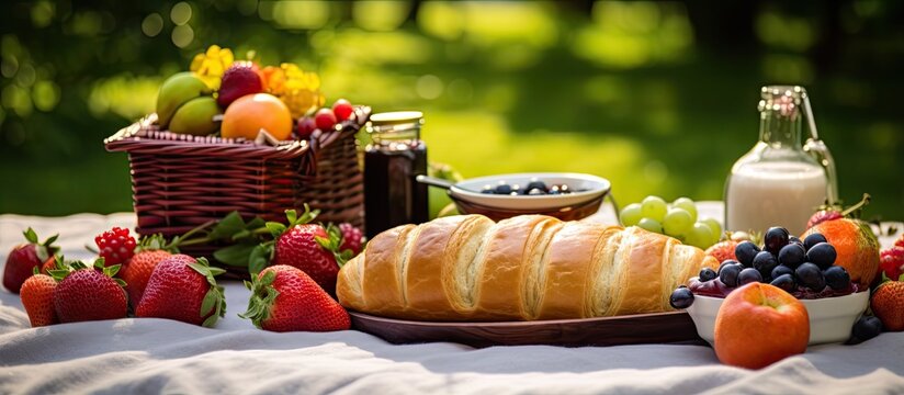 Vibrant plant based picnic with fresh fruit croissants jam and tropical salad on a tablecloth next to a hamper on grass