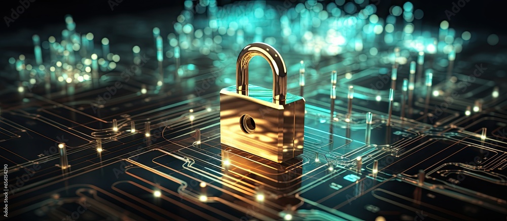 Poster cybersecurity and encryption concepts for internet technology and business symbolized by padlock ico