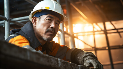 Portrait of Asian construction worker building brick wall on construction site