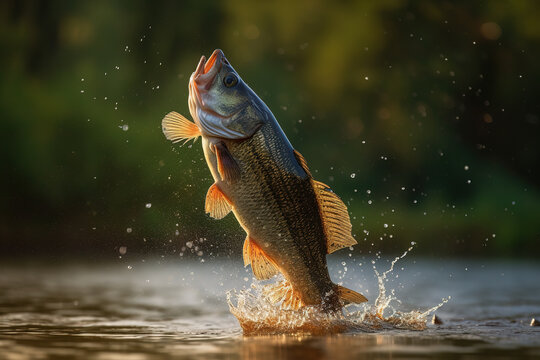 Fishing trophy - large freshwater bass jumps out of the water into the air on a green background. Generative AI
