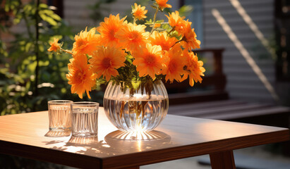 glass vase with flowers on the wooden table at sunset - Powered by Adobe