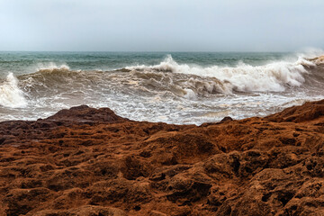 View of the Atlantic Ocean coast in the area of Essaouira in Morocco.
