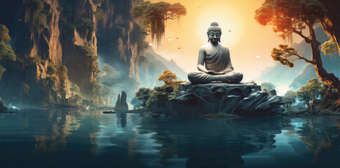 buddha seated on a small island with trees
