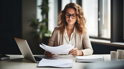 Business woman sitting at desk doing some paperwork in a modern office