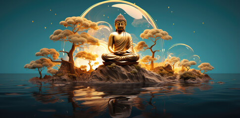 buddha seated on a small island with trees