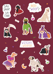 Sticker pack with cute dogs in different Halloween costumes. Happy Halloween vector illustration. Witch, devil, fairy and mummy. Hand drawn funny lettering. Ideal for holiday gifts, decorations