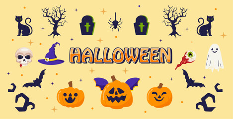 Halloween vector design with clip art set of pumpkins, bats, ghosts, cats, skulls, hats and others. suitable for posters and web 