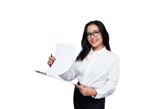 Young Asian Business Woman with Clipboard Isolated Background