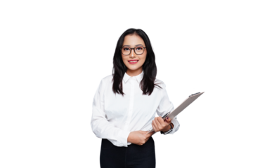 Young Asian Business Woman with Clipboard Isolated Background