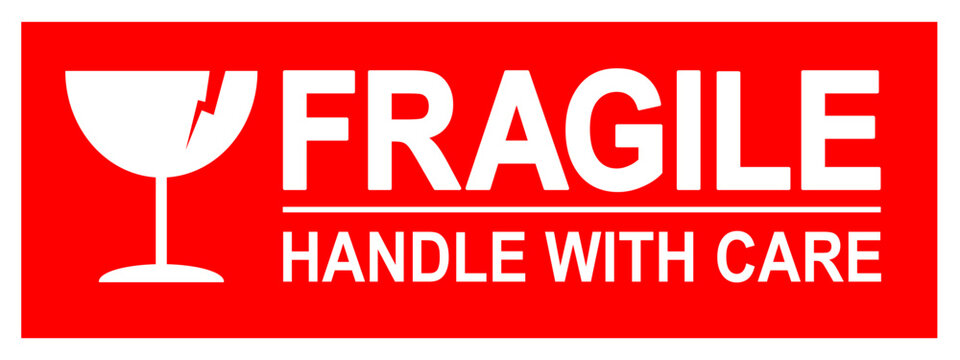sticker fragile handle with care, red fragile warning label, fragile label with broken glass symbol, vector asset