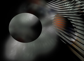 3D illustration. Technological fractal. Abstract
  image on a black background. A gray ball moves in space. Graphic element, background, texture for web design.