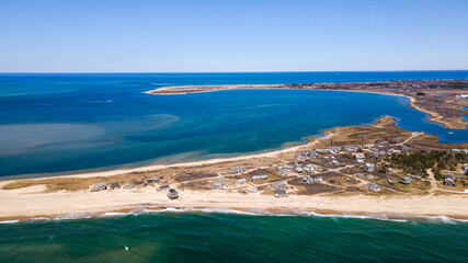 Ariel view of beach and ocean.