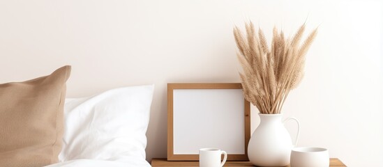 Mockup frame on retro table with vase grass coffee pillows in bedroom Scandinavian interior