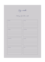set of Minimalist planner pages templates. Organizer page, diary and daily control book. Life planners, weekly and days organizers or office schedule list. Graphic organization paper vector set.