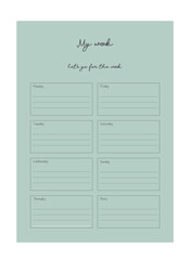 set of Minimalist planner pages templates. Organizer page, diary and daily control book. Life planners, weekly and days organizers or office schedule list. Graphic organization paper vector set.