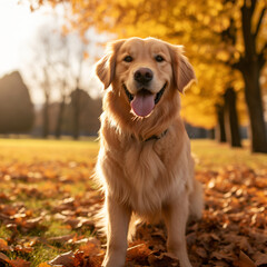 Golden retriever, photography, golden, furry, playful, in a park with autumn leaves, joyful, soft afternoon light, warm golds and browns Generative AI	