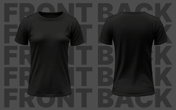 Woman Black Tshirt Mockup, Fashion Illustration Clothes, Women Blank Template, Realistic Front Back 3D Shirt Cloth on Text Grey Background