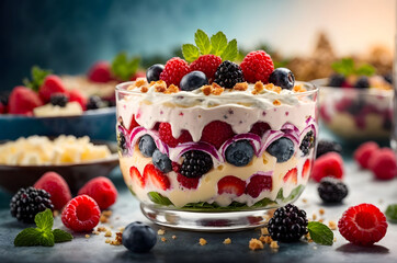 photo of raspberry and blueberry fruit salad in a glass bowl with mayonnaise and brown sugar topping