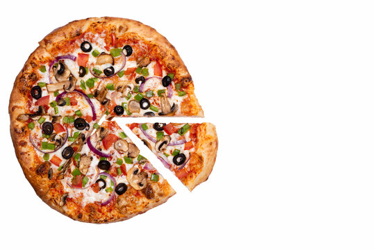 Sliced everything pizza on a white background