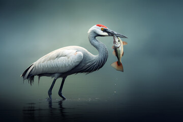 herons catch fish in the lake
