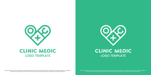 Heart medical clinic logo design illustration. Flat silhouette plus stethoscope doctor point gps place medical health medicine. Simple minimalist geometric linear feminine masculine serious icon. - obrazy, fototapety, plakaty
