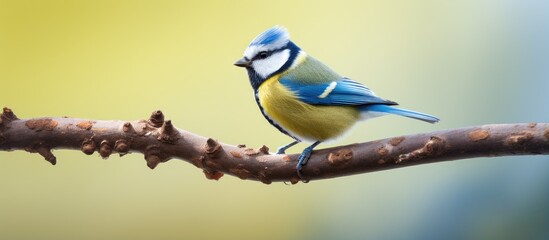Blue and yellow bird in Dublin Ireland perched on a branch