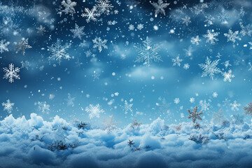 Fototapeta na wymiar Generative AI Image of Blue Nature Background with Snowflakes and Snowfall in Winter