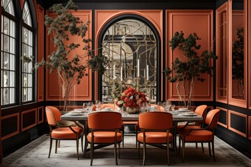 Fototapeta na wymiar Dining with Persimmon Chairs and Gold Accents