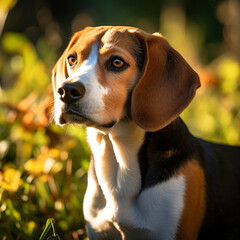 Beagle, photography, tricolor, floppy-eared, curious, in a grassy backyard, playful, gentle morning sunlight, rich browns and greens Generative AI