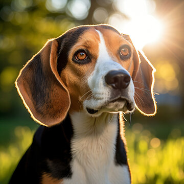 Beagle, photography, tricolor, floppy-eared, curious, in a grassy backyard, playful, gentle morning sunlight, rich browns and greens Generative AI