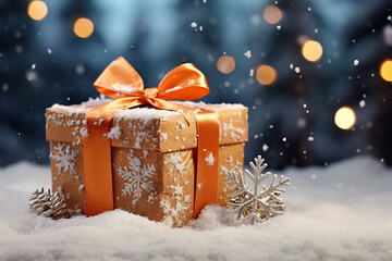 Generative AI Image of Winter Background with Christmas Gift Box and Snowflake Decoration - obrazy, fototapety, plakaty
