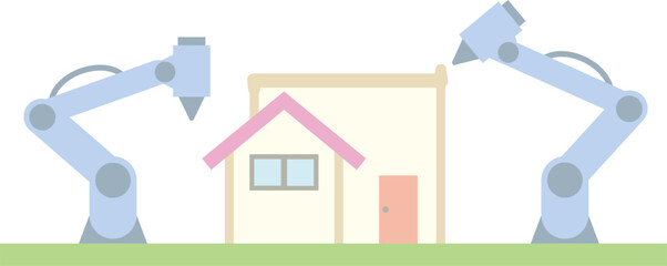 2階建て住宅をロボットアームで建設しているイラスト