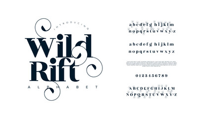 Wildrift premium luxury elegant alphabet letters and numbers. Elegant wedding typography classic serif font decorative vintage retro. Creative vector illustration - obrazy, fototapety, plakaty