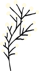 Black branch with white berries. Cartoon illustration in doodle style
