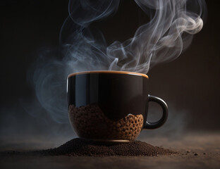 A cup of smoking hot coffee and coffee beans on the table.
