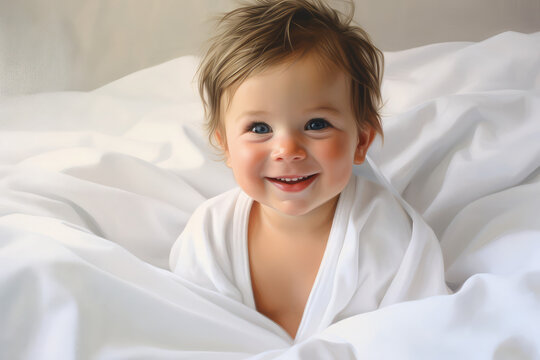 Portrait of a smiling baby in a white towel on the bed