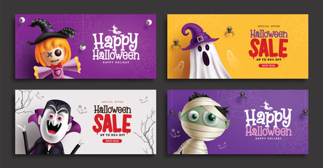 Obraz premium Halloween sale card vector set design. Halloween greeting card tags lay out collection for holiday season shopping promo discount tags. Vector illustration party sticker postcard. 