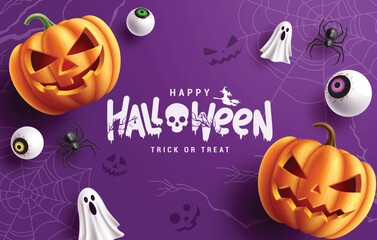 Happy halloween text vector design. Halloween trick or treat greeting card with pumpkins lantern decoration elements in purple background. Vector illustration trick or treat invitation card.
