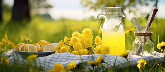 Eco friendly summer picnic with lemonade in a dandelion field on a table with a linen tablecloth - obrazy, fototapety, plakaty