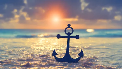 Fotobehang Realistic photo of an anchor on the beach film photography color photo sun rays light romantic. Seaside Serenity. Captivating Skyline at Sunset Reflection over Ocean. Generative AI © Meduza