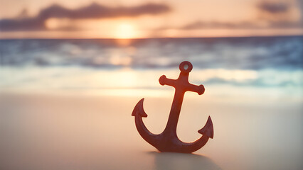 Analog style realistic photo of an anchor on the beach film photography color photo sun rays light. A beautiful sunset over a tranquil coastal landscape with a scenic beach. Generative AI - obrazy, fototapety, plakaty