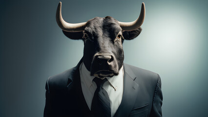 Analog style bull in a business suit. Elegant Executive: Portrait of a Horned Creature in Formal Attire. Innovative executive in formal attire with an antlered creature. Generative AI