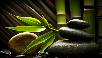 Bamboo and stones in a wellness spa macro photo. Botanical Beauty: Close-up of Fresh Green Leaf in Lush Garden. Botanical Beauty: Close-up of Fresh Green Leaf in Lush Garden. Generative AI