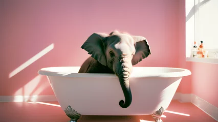 Foto op Aluminium Baby elephant taking a bath in a bathtub, concept of Animal hygiene and Domestication of wild animals. Graceful Elephant Enjoying a Relaxing Bath. Pink wall. Generative AI © Meduza