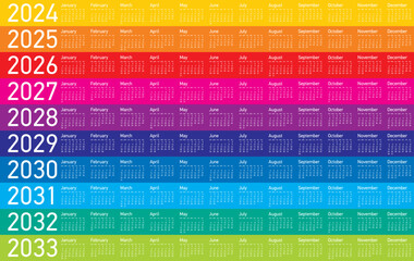 Colorful Calendar for Years 2024 to 2033, in Vector Format.