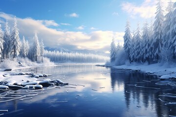 A river flowing in a frozen and snowy winter landscape