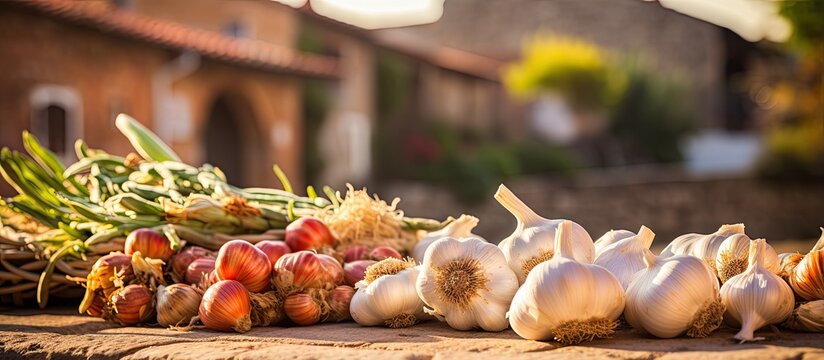 Fototapeta Seasonal local produce including garlic fruits and vegetables sold in a small Portuguese village near Sintras outdoor market